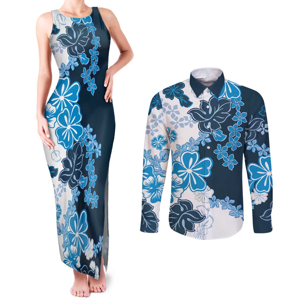 Blue Hibiscus Plumeria Floral Couples Matching Tank Maxi Dress and Long Sleeve Button Shirt LT01 Blue - Polynesian Pride