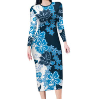 Blue Hibiscus Plumeria Floral Family Matching Long Sleeve Bodycon Dress and Hawaiian Shirt LT01 Mom's Dress Blue - Polynesian Pride