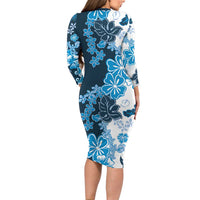 Blue Hibiscus Plumeria Floral Family Matching Long Sleeve Bodycon Dress and Hawaiian Shirt LT01 - Polynesian Pride