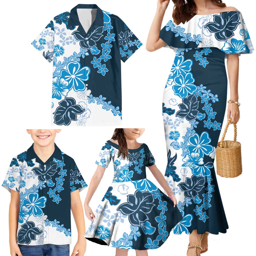 Blue Hibiscus Plumeria Floral Family Matching Mermaid Dress and Hawaiian Shirt LT01 - Polynesian Pride