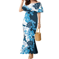 Blue Hibiscus Plumeria Floral Family Matching Mermaid Dress and Hawaiian Shirt LT01 Mom's Dress Blue - Polynesian Pride