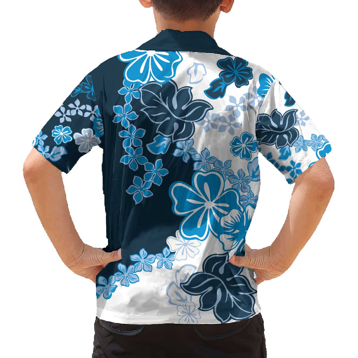 Blue Hibiscus Plumeria Floral Family Matching Off The Shoulder Long Sleeve Dress and Hawaiian Shirt - Polynesian Pride