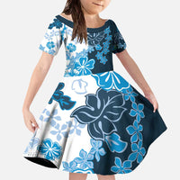 Blue Hibiscus Plumeria Floral Family Matching Off The Shoulder Long Sleeve Dress and Hawaiian Shirt - Polynesian Pride