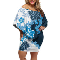 Blue Hibiscus Plumeria Floral Family Matching Off Shoulder Short Dress and Hawaiian Shirt - Polynesian Pride