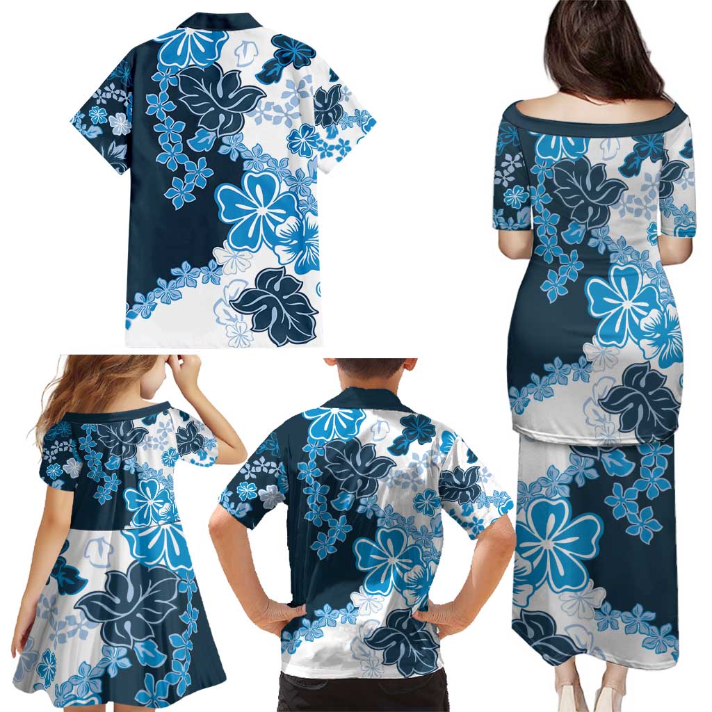 Blue Hibiscus Plumeria Floral Family Matching Puletasi and Hawaiian Shirt LT01 - Polynesian Pride