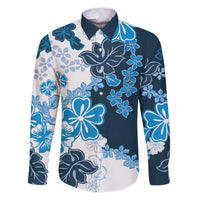 Blue Hibiscus Plumeria Floral Family Matching Puletasi and Hawaiian Shirt LT01 Dad's Shirt - Long Sleeve Blue - Polynesian Pride