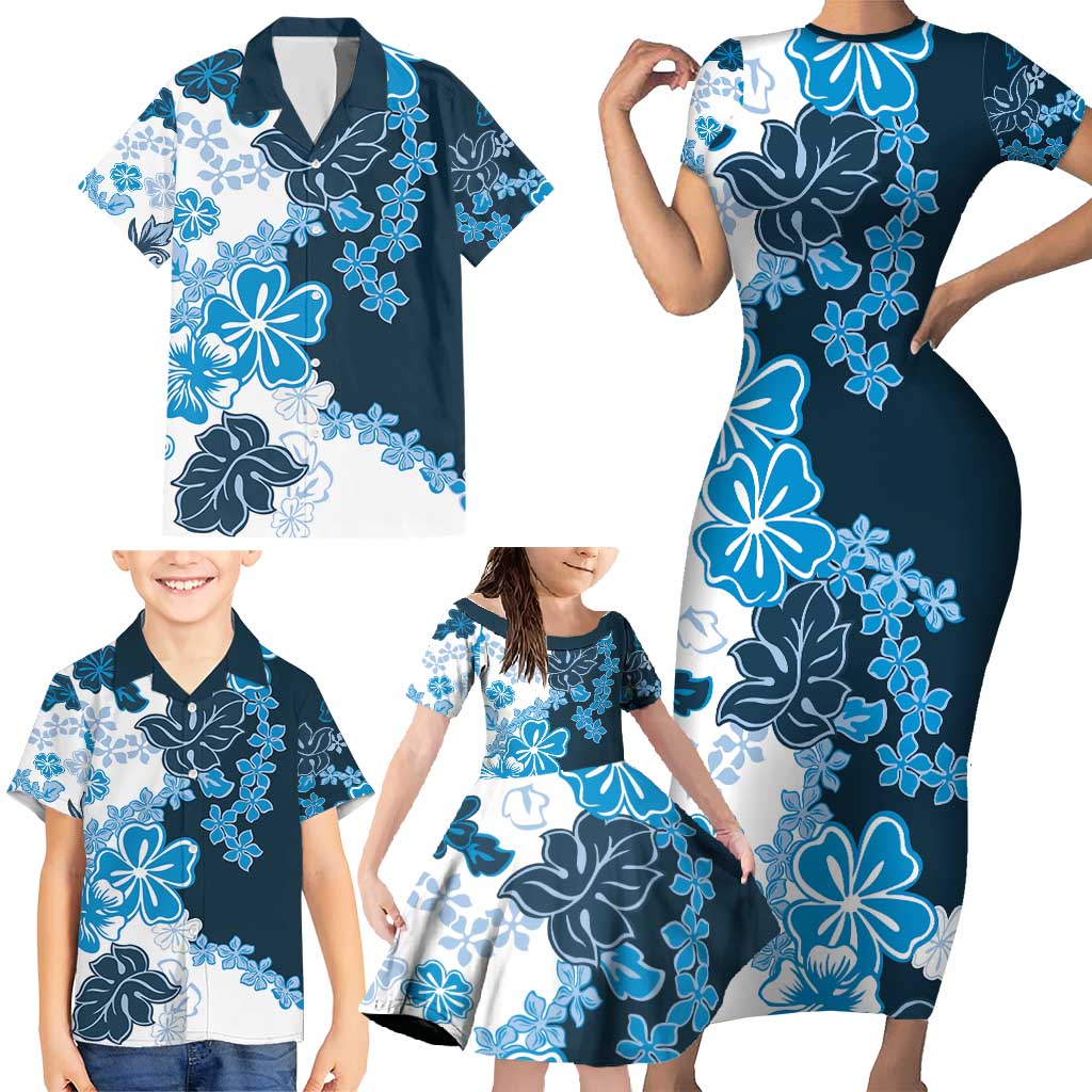 Blue Hibiscus Plumeria Floral Family Matching Short Sleeve Bodycon Dress and Hawaiian Shirt LT01 - Polynesian Pride
