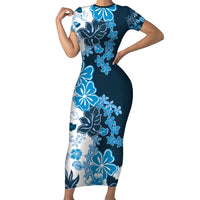 Blue Hibiscus Plumeria Floral Family Matching Short Sleeve Bodycon Dress and Hawaiian Shirt LT01 Mom's Dress Blue - Polynesian Pride