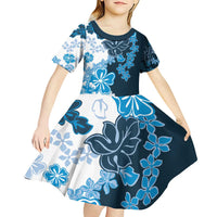Blue Hibiscus Plumeria Floral Kid Short Sleeve Dress - Polynesian Pride