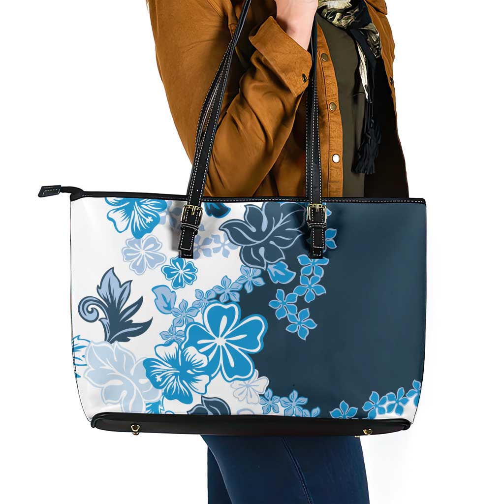 Blue Hibiscus Plumeria Floral Leather Tote Bag - Polynesian Pride