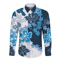 Blue Hibiscus Plumeria Floral Long Sleeve Button Shirt - Polynesian Pride