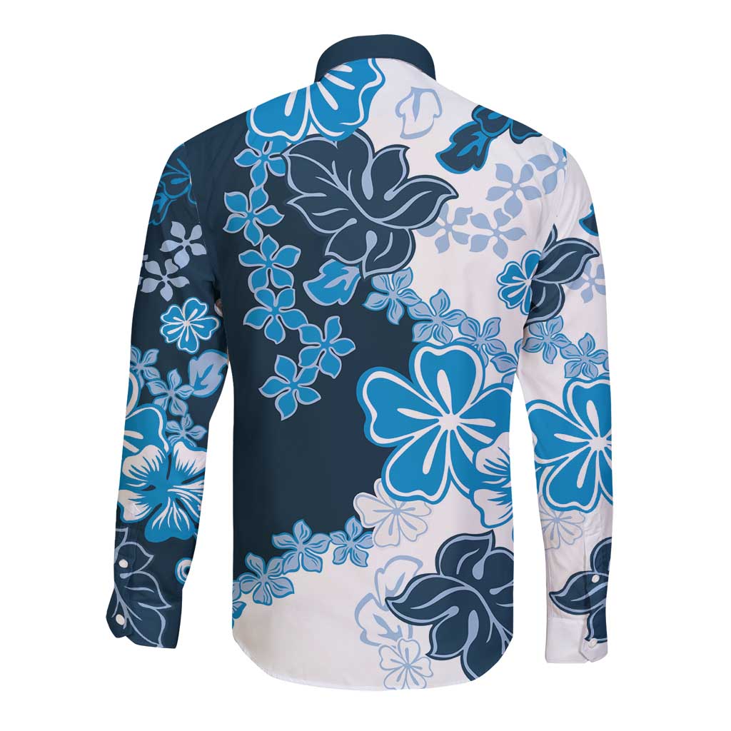 Blue Hibiscus Plumeria Floral Long Sleeve Button Shirt - Polynesian Pride