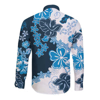 Blue Hibiscus Plumeria Floral Long Sleeve Button Shirt - Polynesian Pride