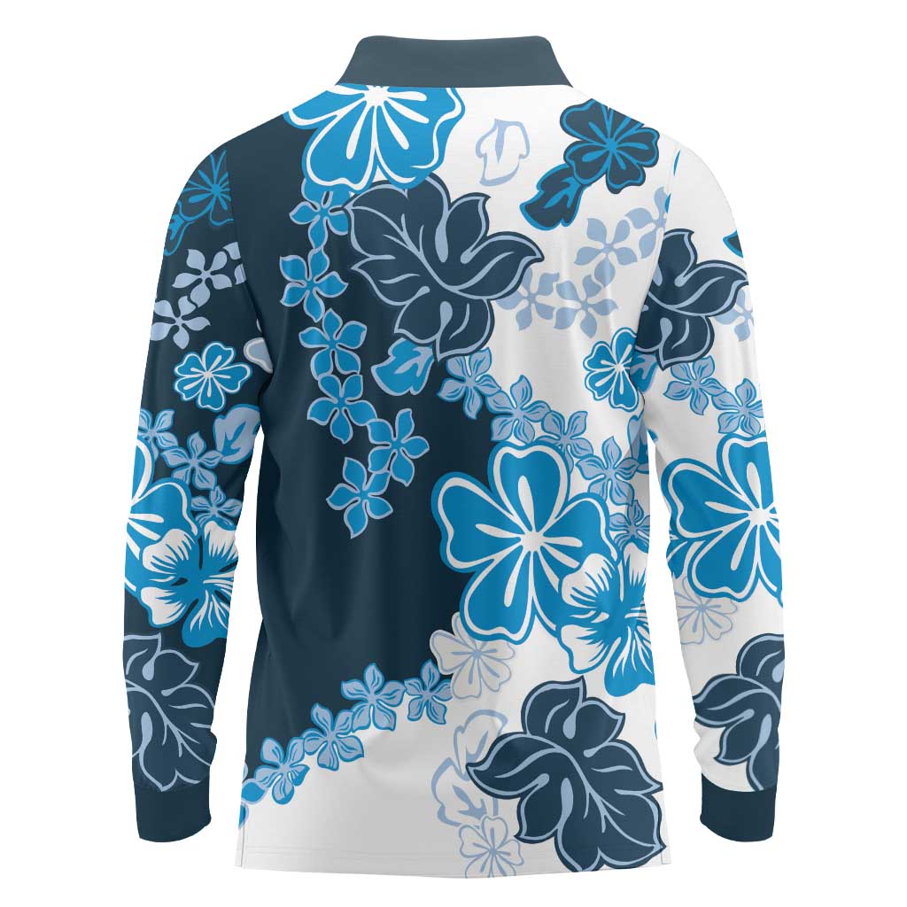 Blue Hibiscus Plumeria Floral Long Sleeve Polo Shirt - Polynesian Pride