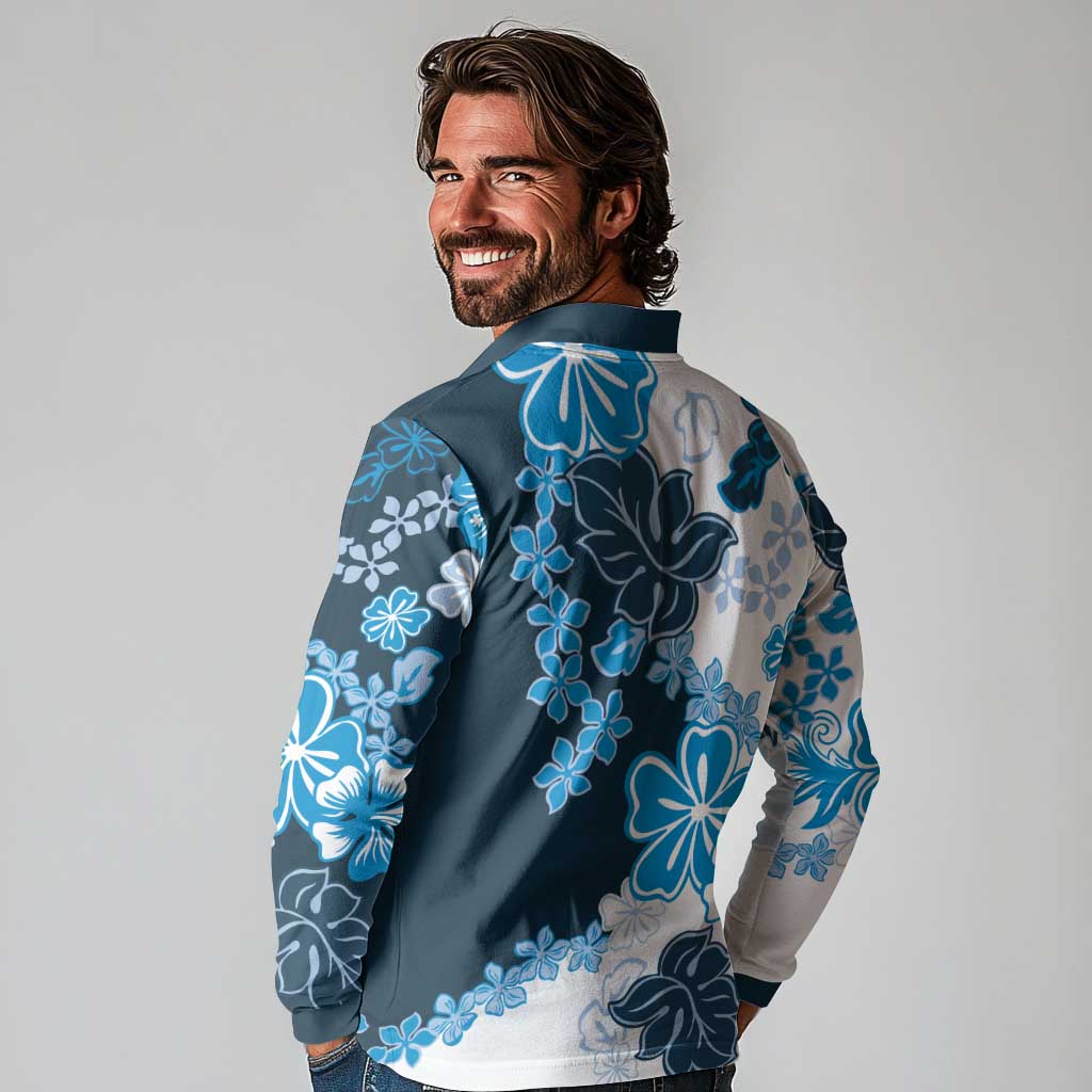 Blue Hibiscus Plumeria Floral Long Sleeve Polo Shirt - Polynesian Pride