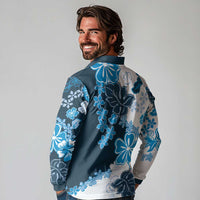 Blue Hibiscus Plumeria Floral Long Sleeve Polo Shirt - Polynesian Pride