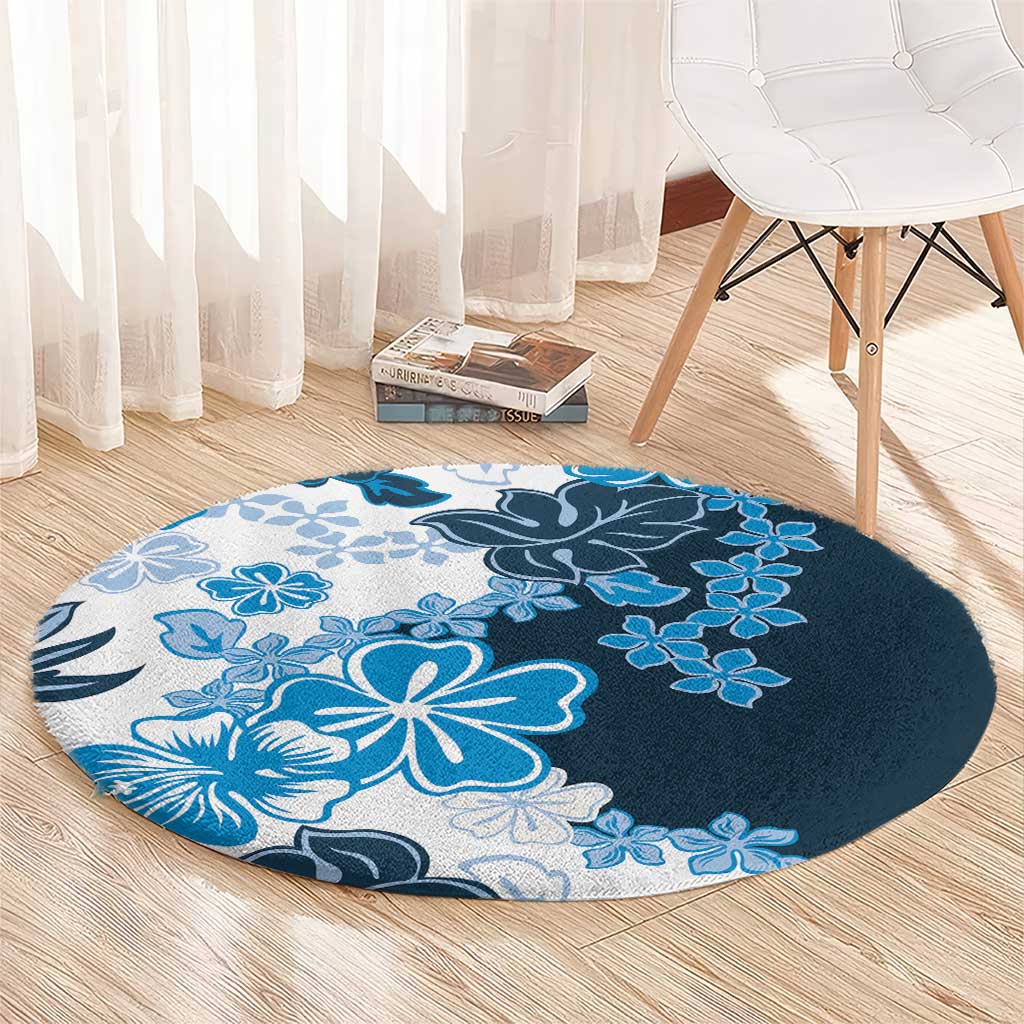 Blue Hibiscus Plumeria Floral Round Carpet - Polynesian Pride