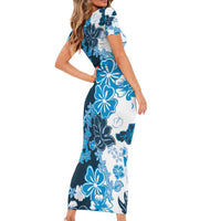 Blue Hibiscus Plumeria Floral Short Sleeve Bodycon Dress LT01 - Polynesian Pride