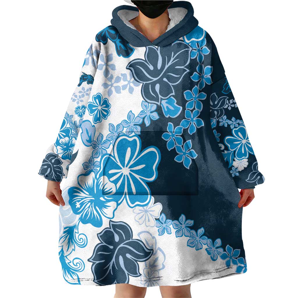 Blue Hibiscus Plumeria Floral Wearable Blanket Hoodie - Polynesian Pride
