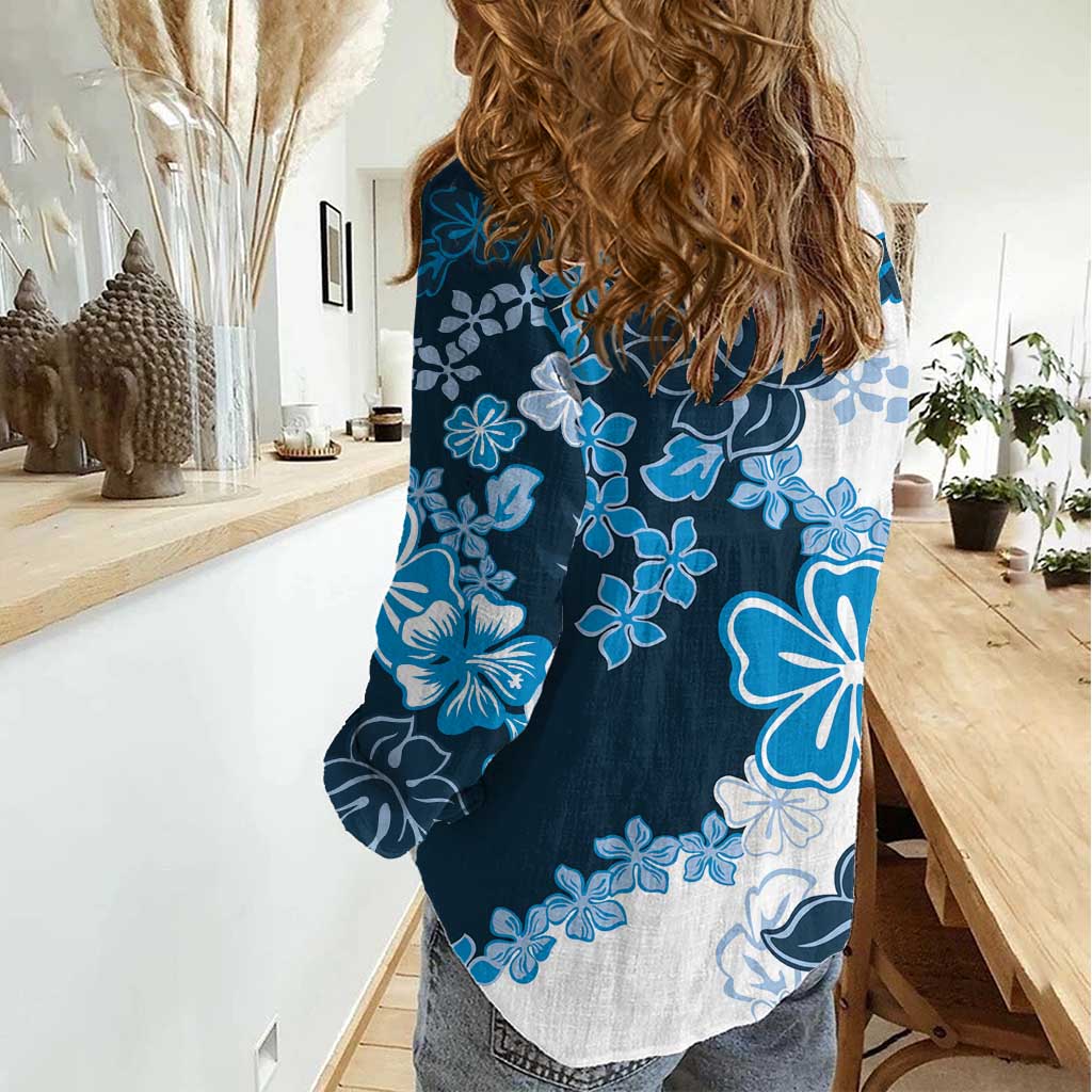 Blue Hibiscus Plumeria Floral Women Casual Shirt - Polynesian Pride