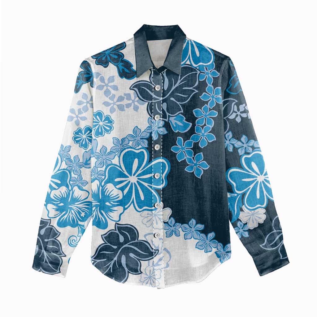 Blue Hibiscus Plumeria Floral Women Casual Shirt - Polynesian Pride