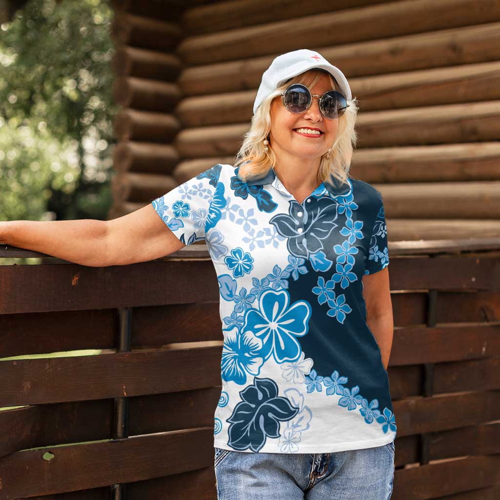 Blue Hibiscus Plumeria Floral Women Polo Shirt - Polynesian Pride