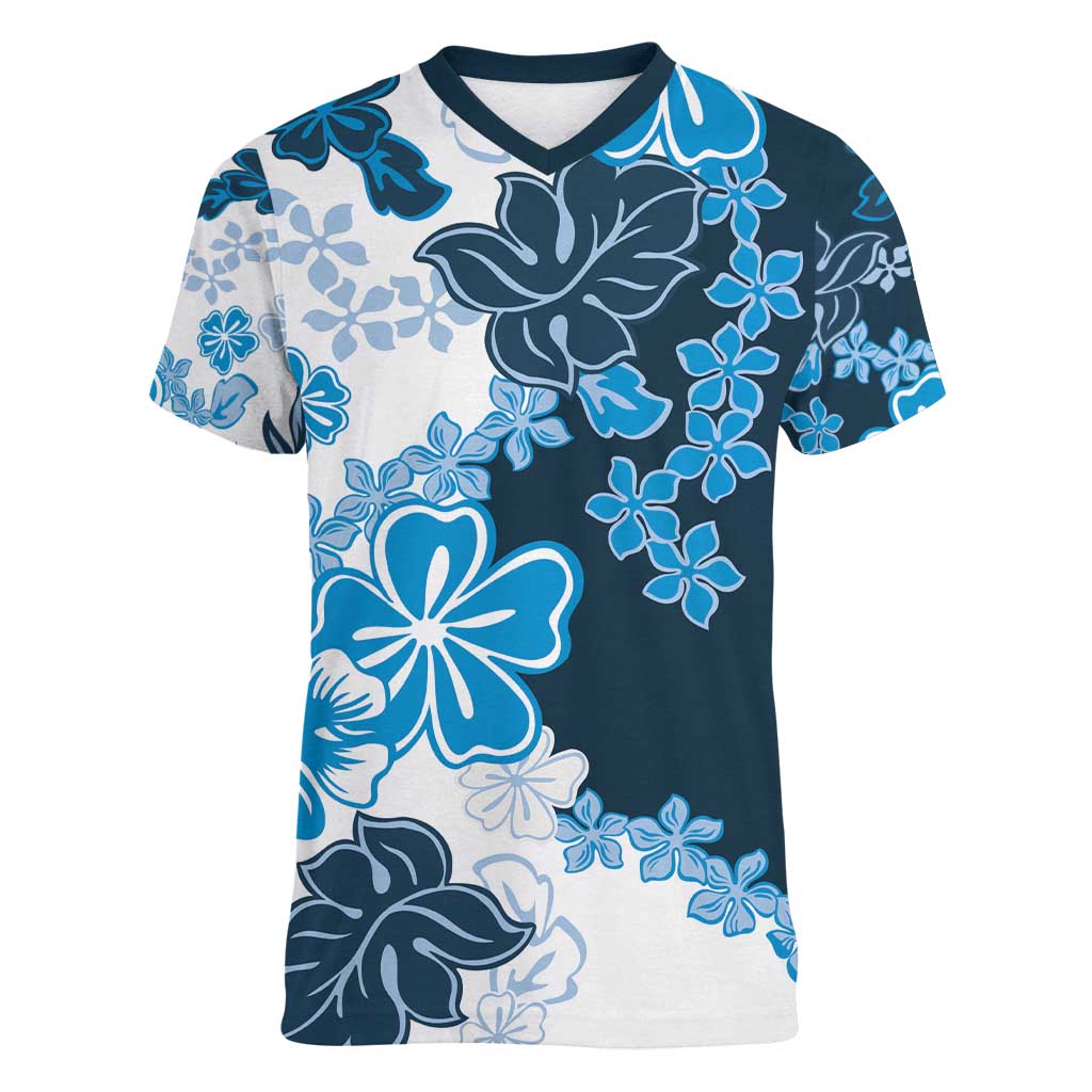 Blue Hibiscus Plumeria Floral Women V-Neck T-Shirt LT01 Female Blue - Polynesian Pride