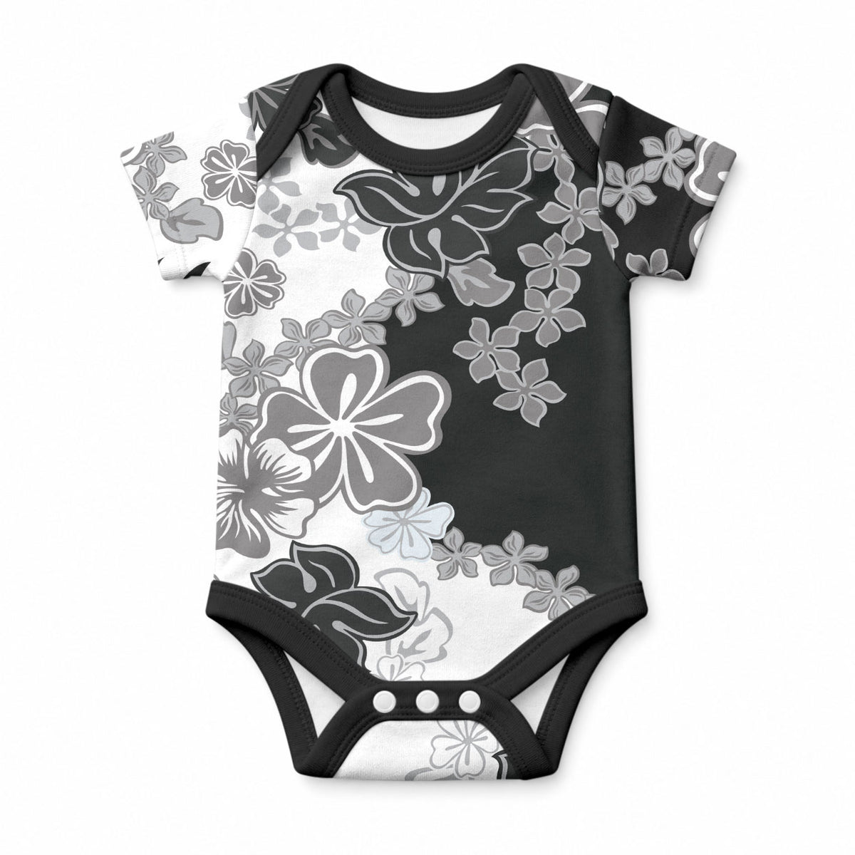 Gray Scale Hibiscus Plumeria Floral Baby Onesie