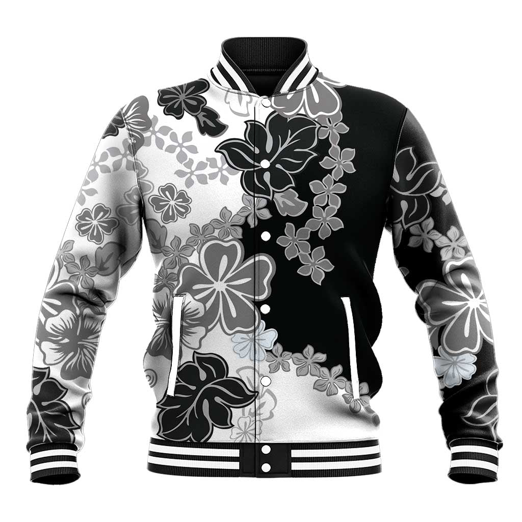 Gray Scale Hibiscus Plumeria Floral Baseball Jacket - Polynesian Pride