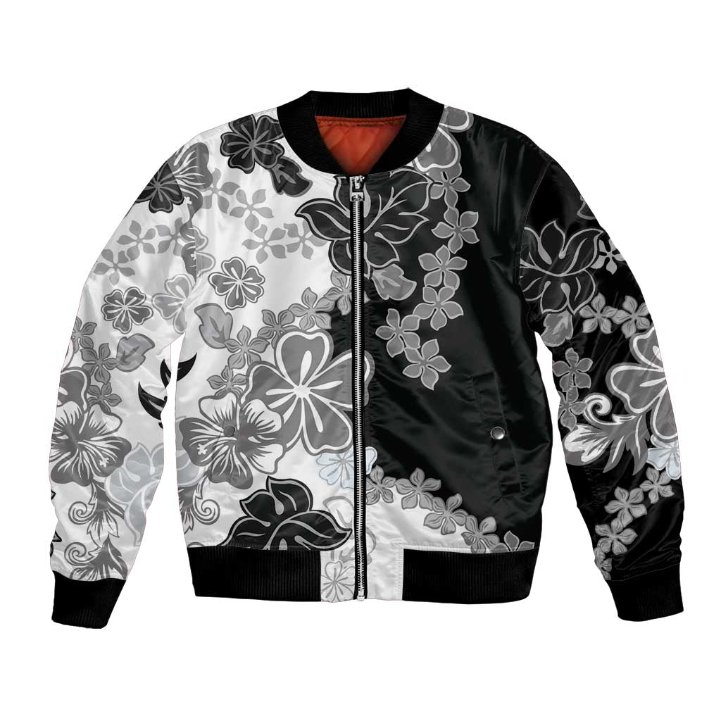 Gray Scale Hibiscus Plumeria Floral Bomber Jacket LT01 Unisex Black - Polynesian Pride