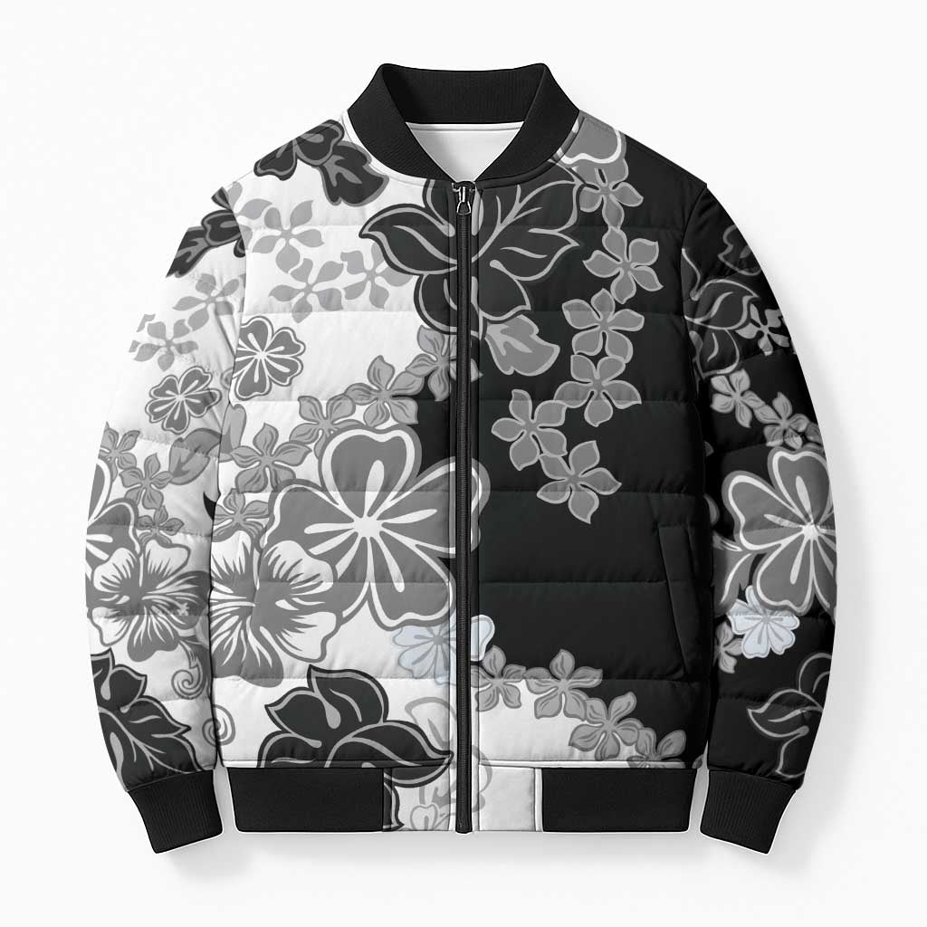 Gray Scale Hibiscus Plumeria Floral Bomber Puffer Jacket LT01 Black - Polynesian Pride