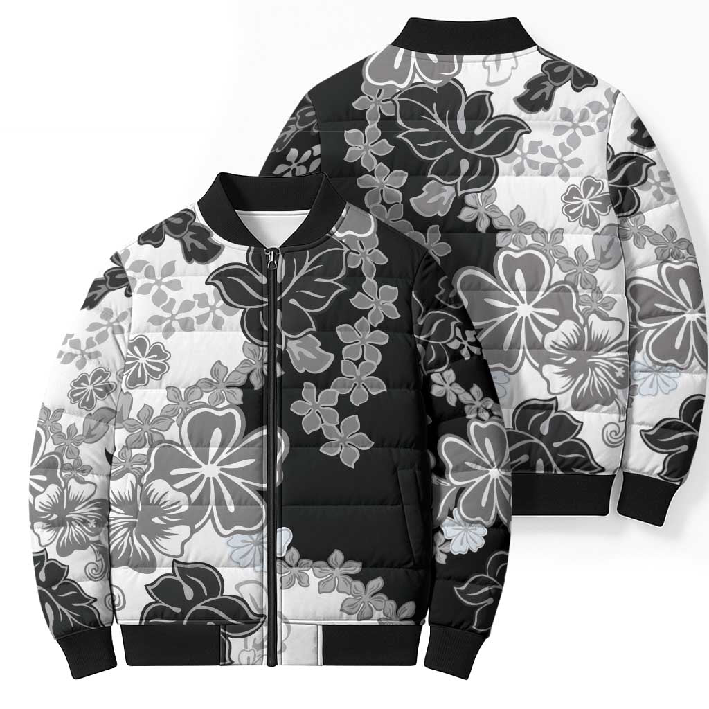 Gray Scale Hibiscus Plumeria Floral Bomber Puffer Jacket LT01 - Polynesian Pride