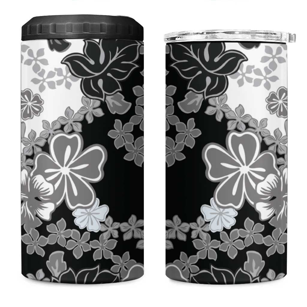 Gray Scale Hibiscus Plumeria Floral 4 in 1 Can Cooler Tumbler - Polynesian Pride