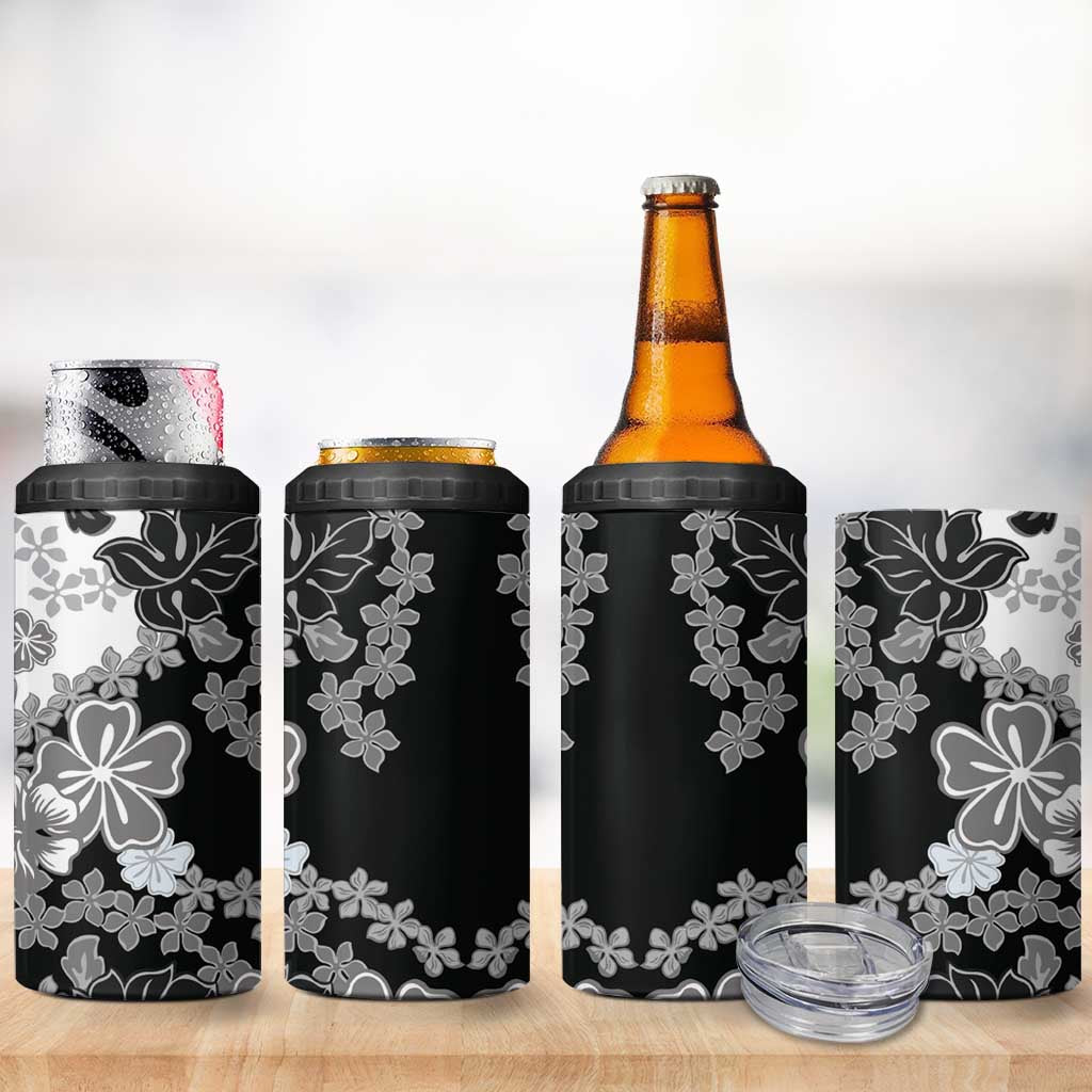 Gray Scale Hibiscus Plumeria Floral 4 in 1 Can Cooler Tumbler - Polynesian Pride