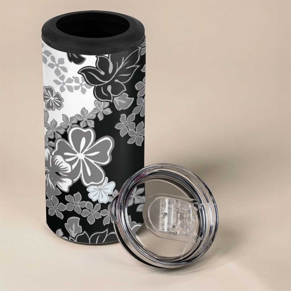 Gray Scale Hibiscus Plumeria Floral 4 in 1 Can Cooler Tumbler - Polynesian Pride