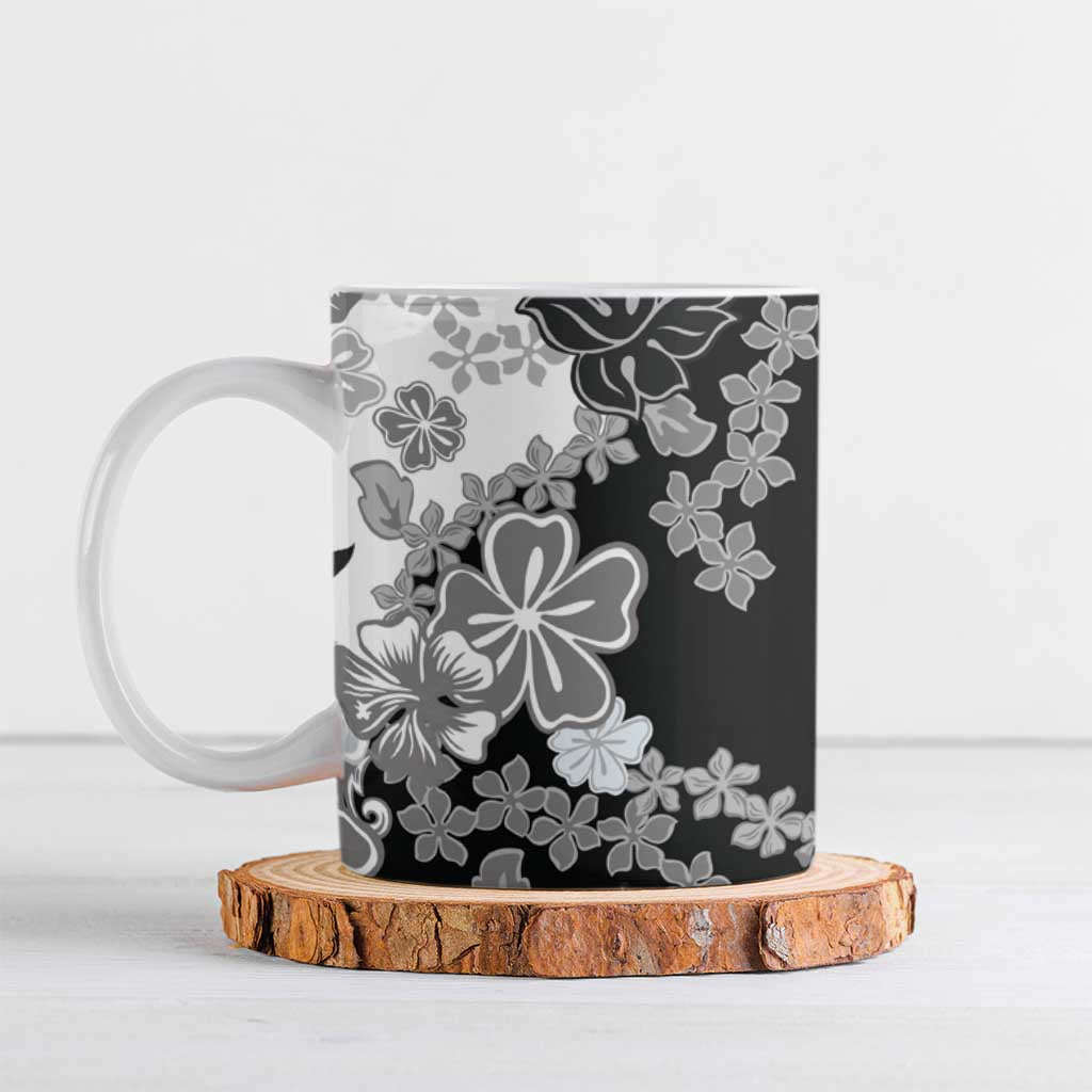 Gray Scale Hibiscus Plumeria Floral Ceramic Mug - Polynesian Pride