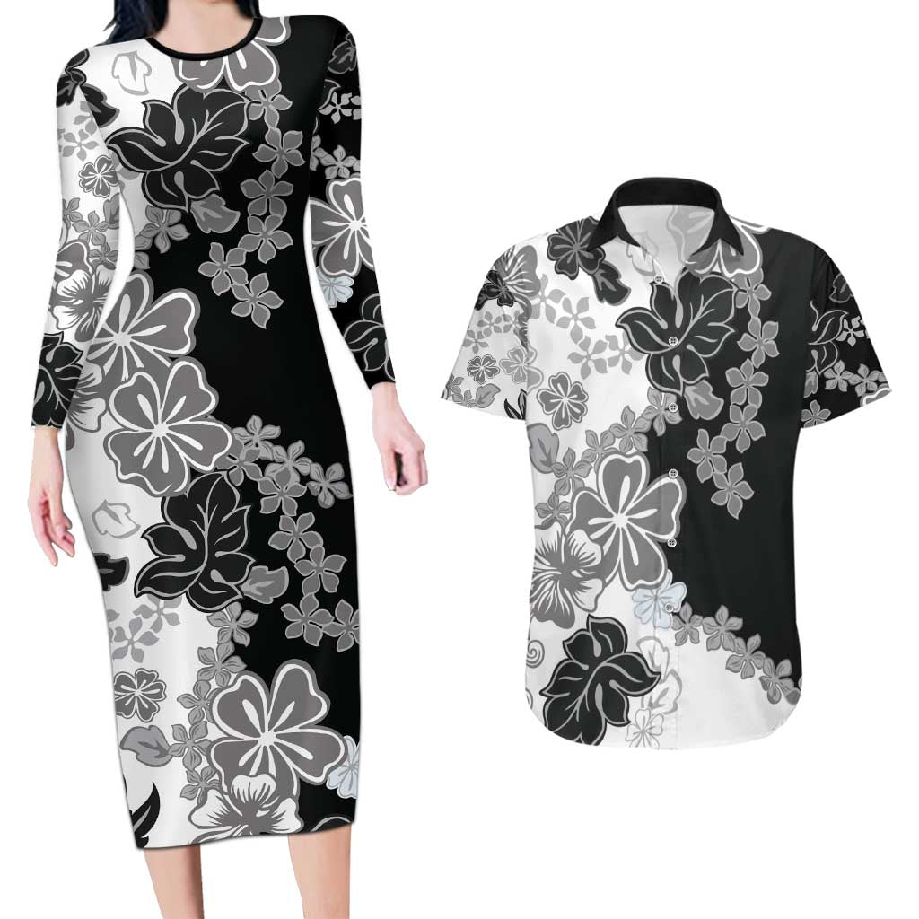 Gray Scale Hibiscus Plumeria Floral Couples Matching Long Sleeve Bodycon Dress and Hawaiian Shirt LT01 Black - Polynesian Pride