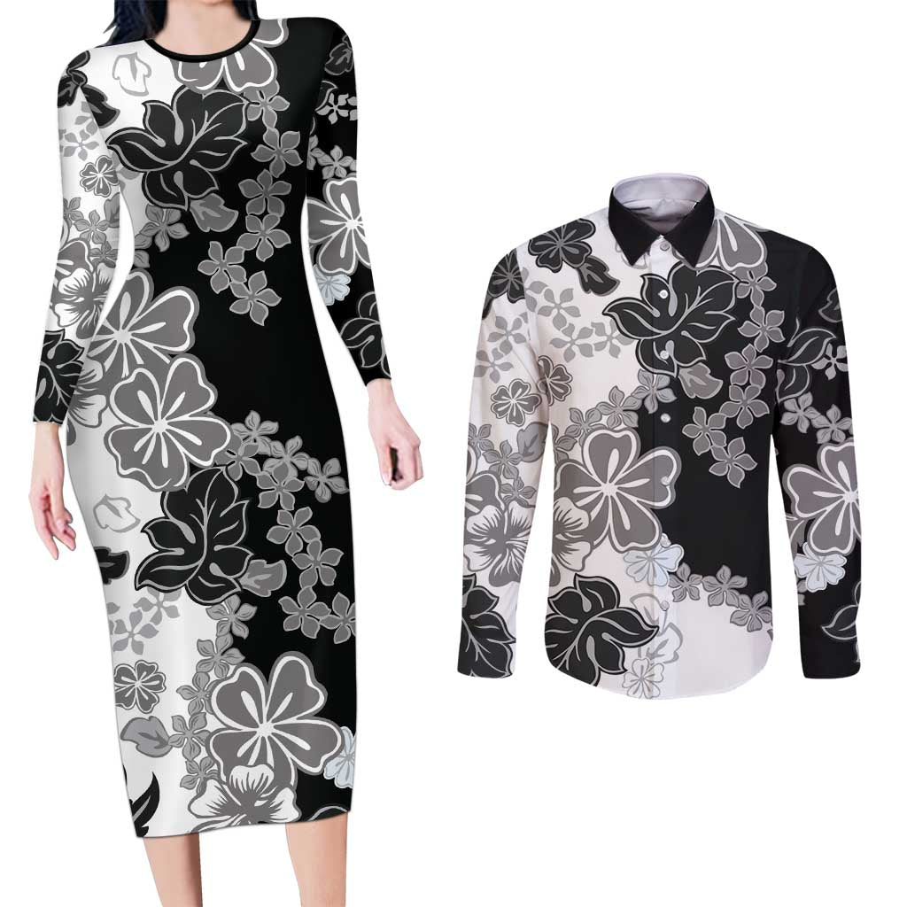 Gray Scale Hibiscus Plumeria Floral Couples Matching Long Sleeve Bodycon Dress and Long Sleeve Button Shirt LT01 Black - Polynesian Pride