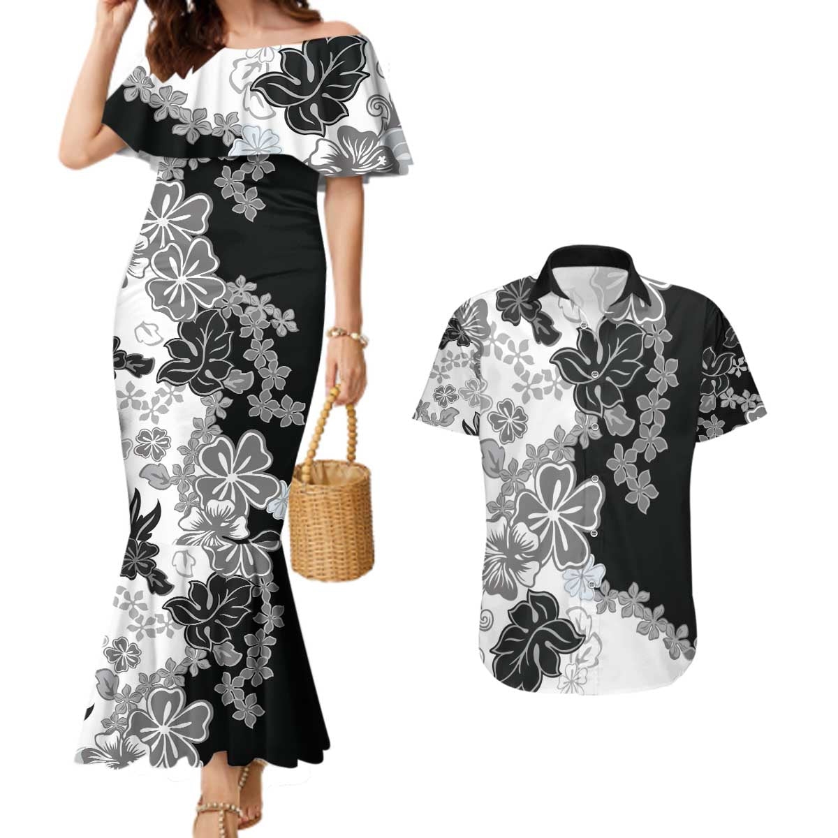 Gray Scale Hibiscus Plumeria Floral Couples Matching Mermaid Dress and Hawaiian Shirt LT01 Black - Polynesian Pride