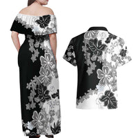 Gray Scale Hibiscus Plumeria Floral Couples Matching Off Shoulder Maxi Dress and Hawaiian Shirt LT01 - Polynesian Pride