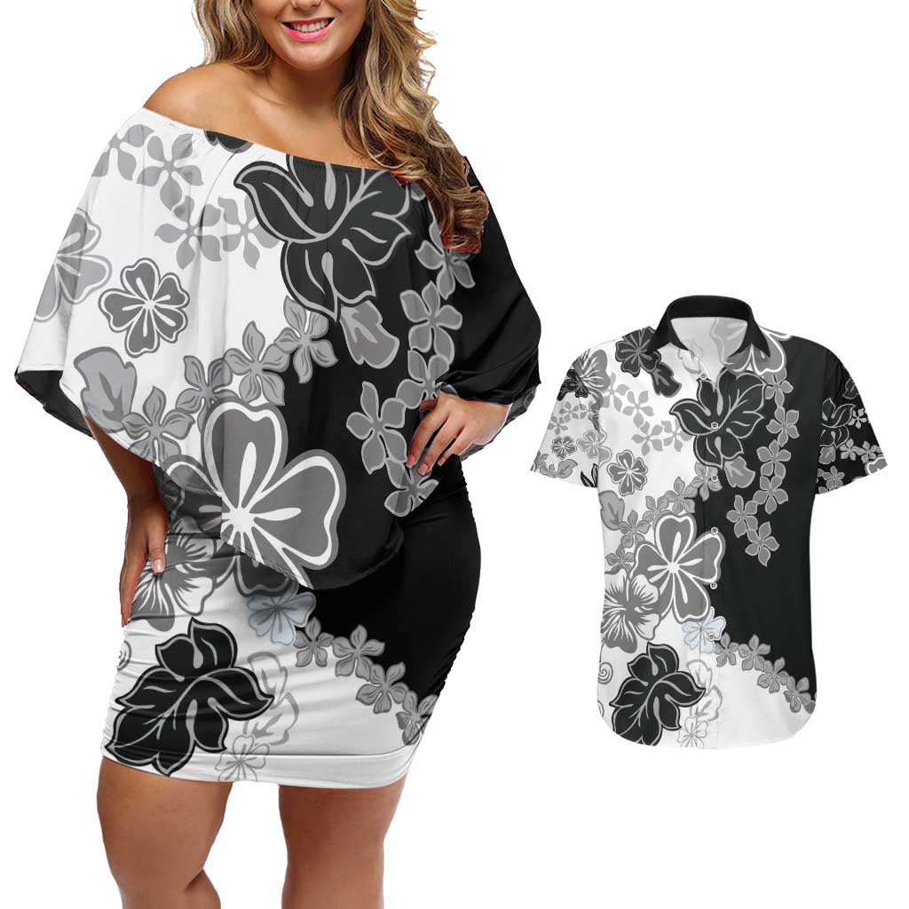 Gray Scale Hibiscus Plumeria Floral Couples Matching Off Shoulder Short Dress and Hawaiian Shirt LT01 Black - Polynesian Pride