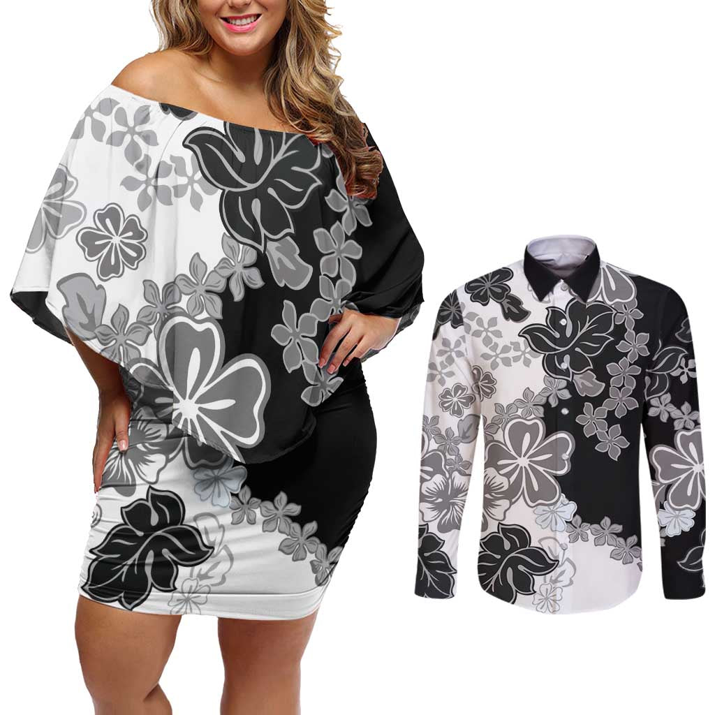 Gray Scale Hibiscus Plumeria Floral Couples Matching Off Shoulder Short Dress and Long Sleeve Button Shirt LT01 Black - Polynesian Pride