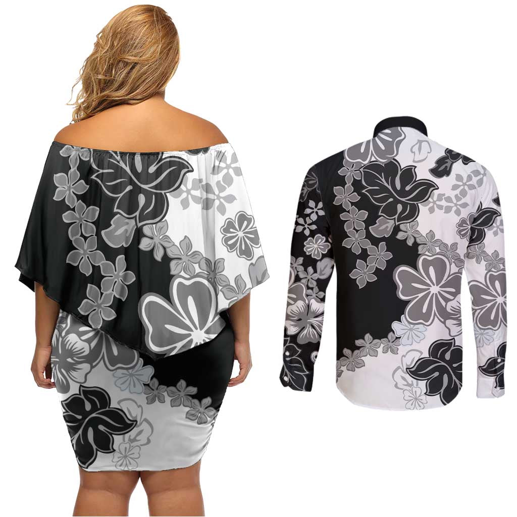 Gray Scale Hibiscus Plumeria Floral Couples Matching Off Shoulder Short Dress and Long Sleeve Button Shirt LT01 - Polynesian Pride