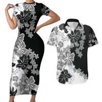 Gray Scale Hibiscus Plumeria Floral Couples Matching Short Sleeve Bodycon Dress and Hawaiian Shirt LT01 Black - Polynesian Pride