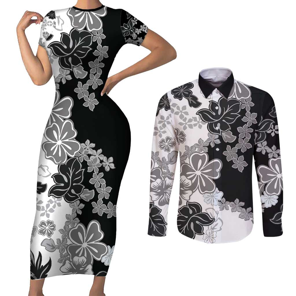 Gray Scale Hibiscus Plumeria Floral Couples Matching Short Sleeve Bodycon Dress and Long Sleeve Button Shirt LT01 Black - Polynesian Pride
