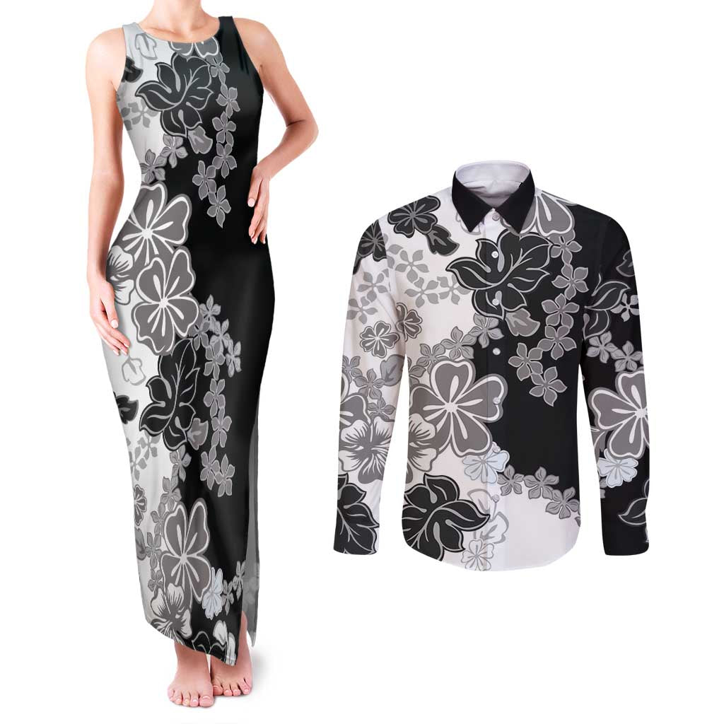 Gray Scale Hibiscus Plumeria Floral Couples Matching Tank Maxi Dress and Long Sleeve Button Shirt LT01 Black - Polynesian Pride