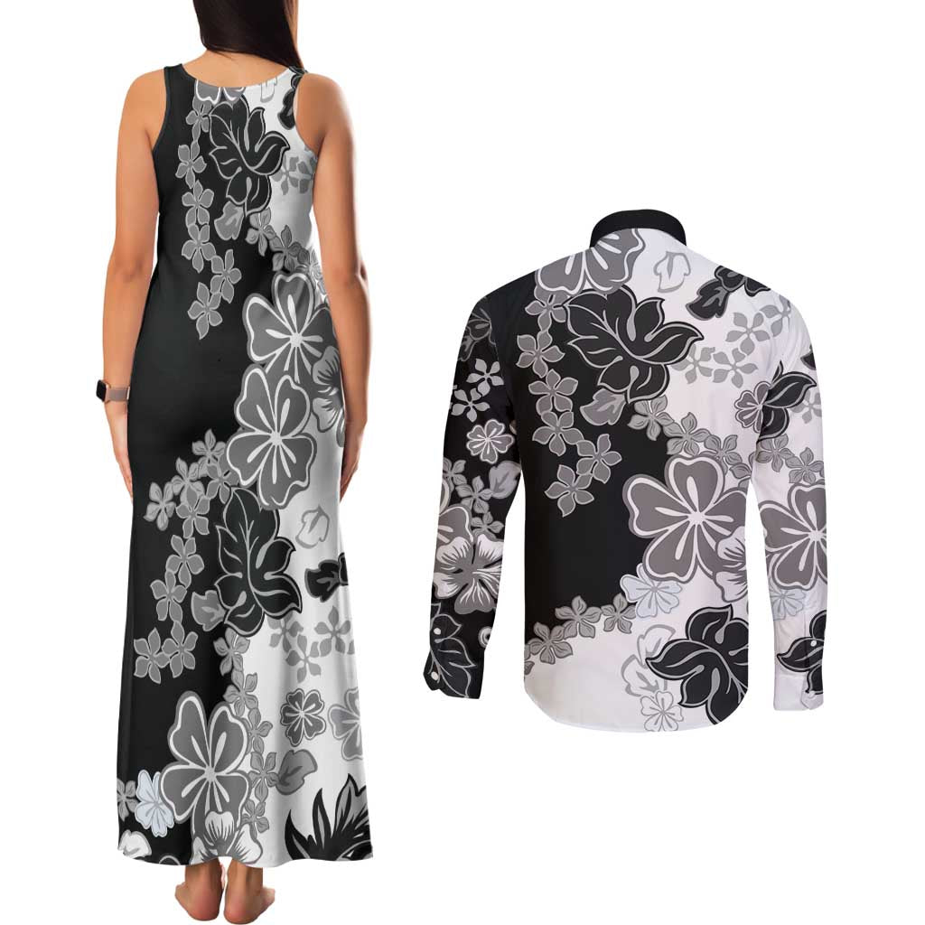Gray Scale Hibiscus Plumeria Floral Couples Matching Tank Maxi Dress and Long Sleeve Button Shirt LT01 - Polynesian Pride
