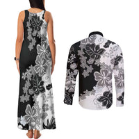 Gray Scale Hibiscus Plumeria Floral Couples Matching Tank Maxi Dress and Long Sleeve Button Shirt LT01 - Polynesian Pride