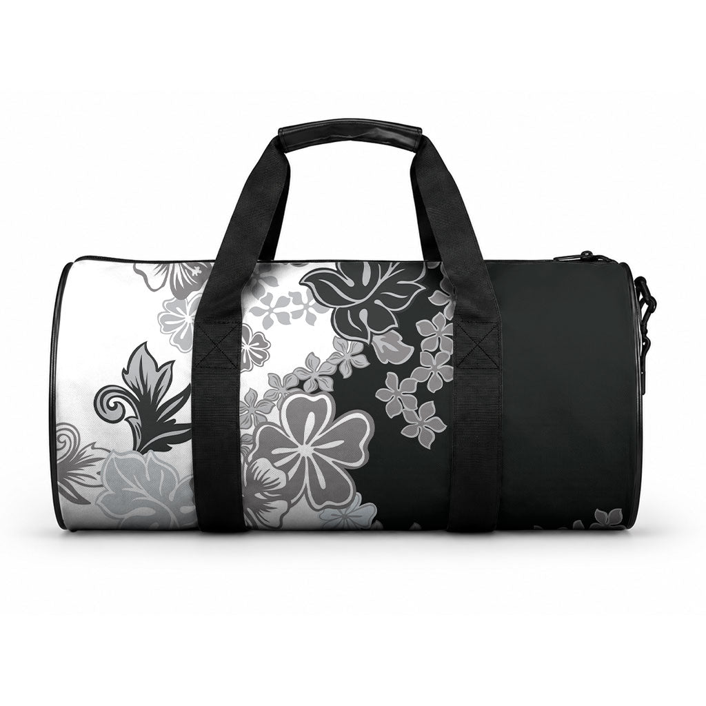 Gray Scale Hibiscus Plumeria Floral Duffle Bag