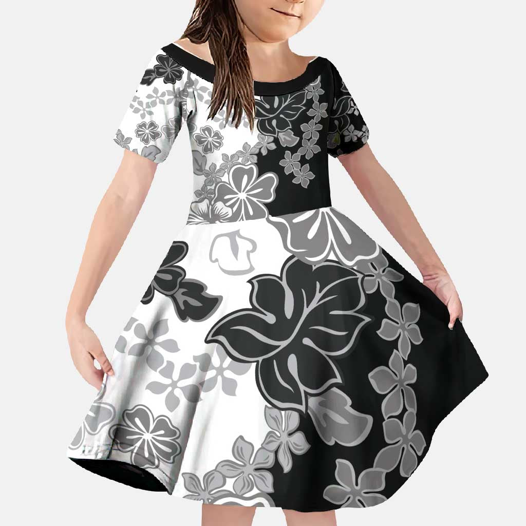 Gray Scale Hibiscus Plumeria Floral Family Matching Long Sleeve Bodycon Dress and Hawaiian Shirt LT01 Daughter's Dress Black - Polynesian Pride
